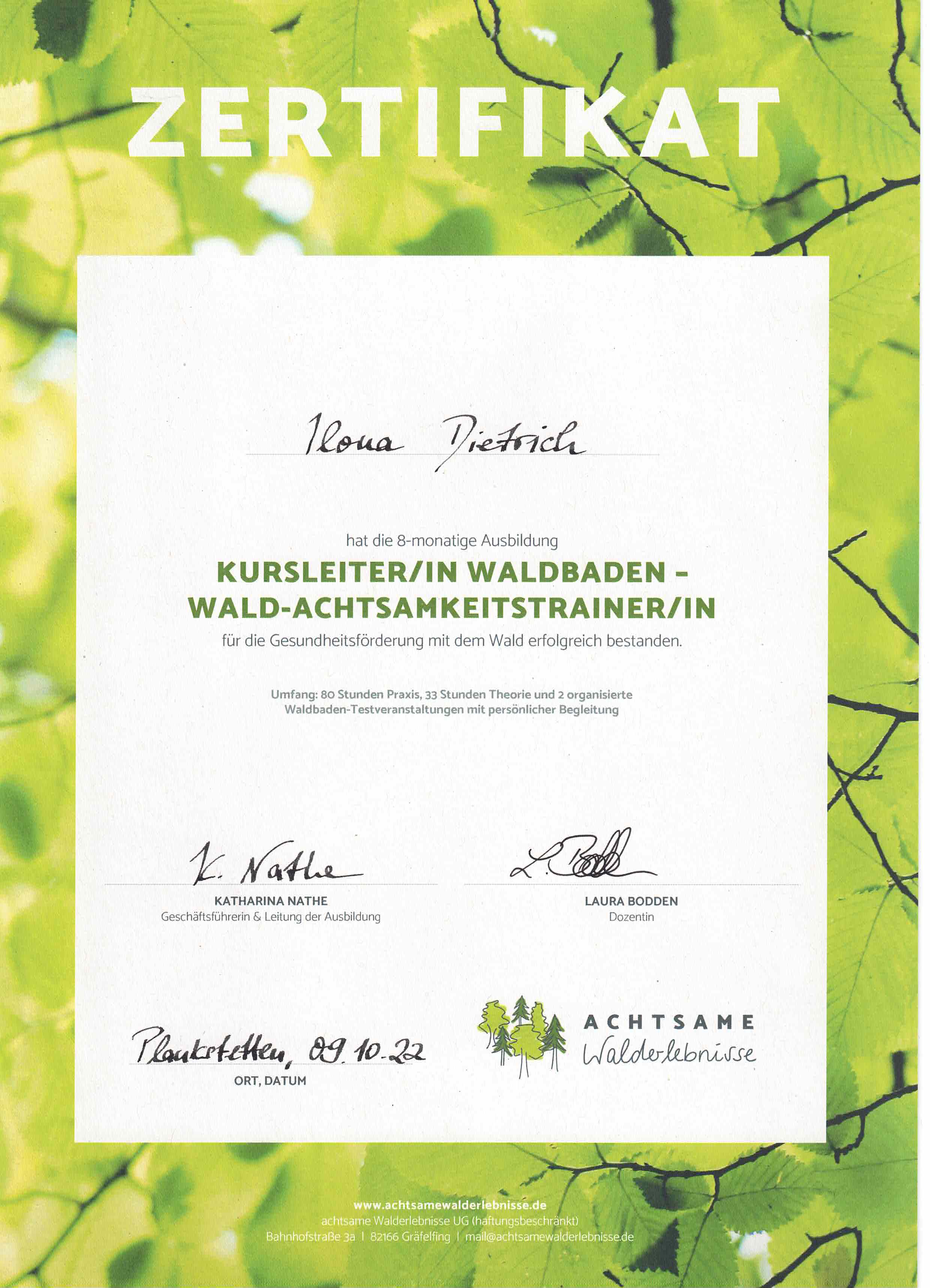 Zertifikat Ilona Dietrich